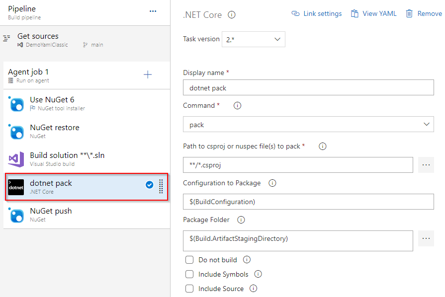 Captura de pantalla que muestra cómo configurar la tarea dotnet pack en una canalización clásica.