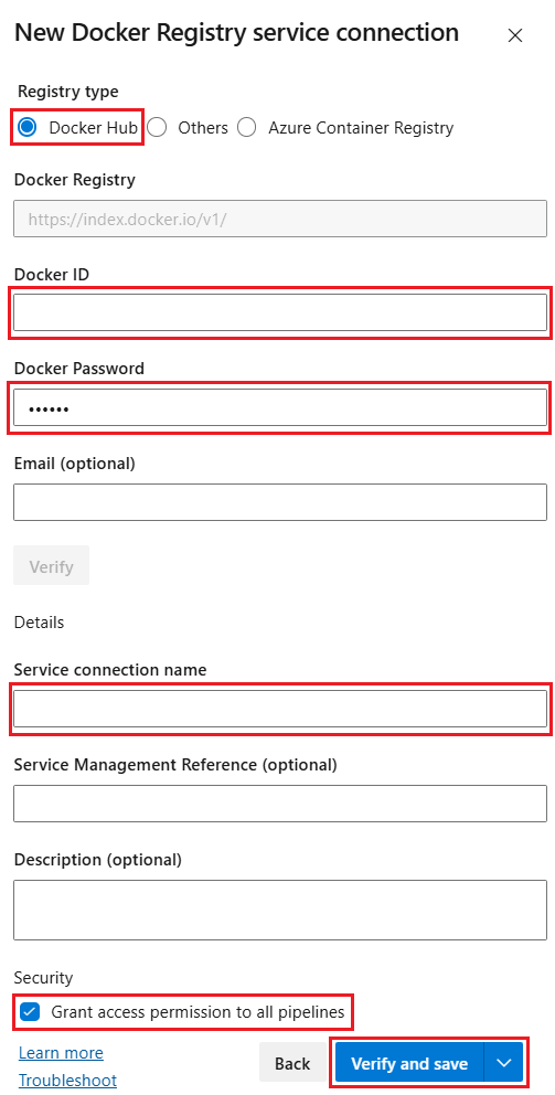 Captura de pantalla del cuadro de diálogo de conexión del servicio Docker Hub.