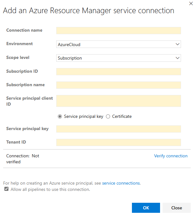 Captura de pantalla de Añadir una conexión de servicio Azure Resource Manager.