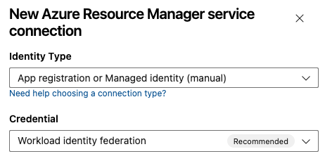 Captura de pantalla de la selección del método de autenticación de federación de identidades de carga de trabajo (manual).