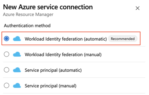 Captura de pantalla de la selección del método de autenticación de federación de identidades de carga de trabajo (automática).