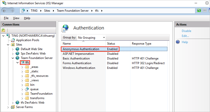 está habilitada la autenticación anónima de TFS