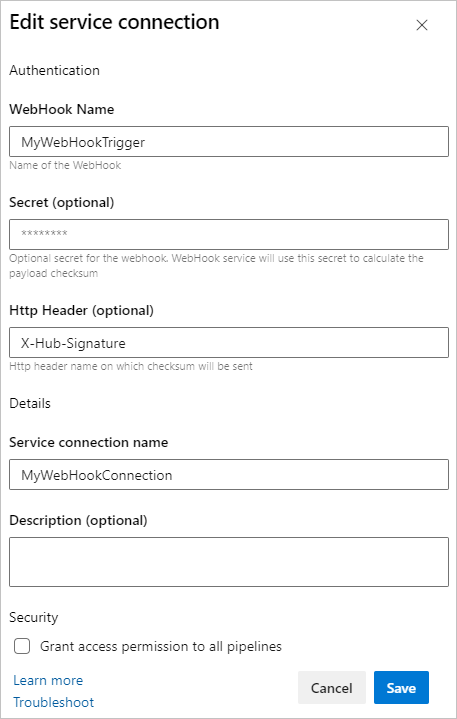 Captura de pantalla que muestra la conexión entrante del servicio de webhook.