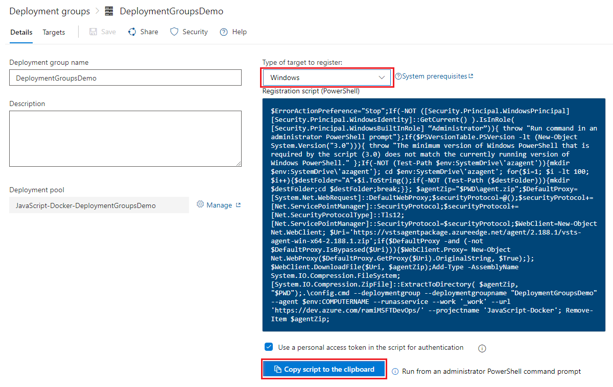 Captura de pantalla que muestra el script de registro generado y otra configuración.