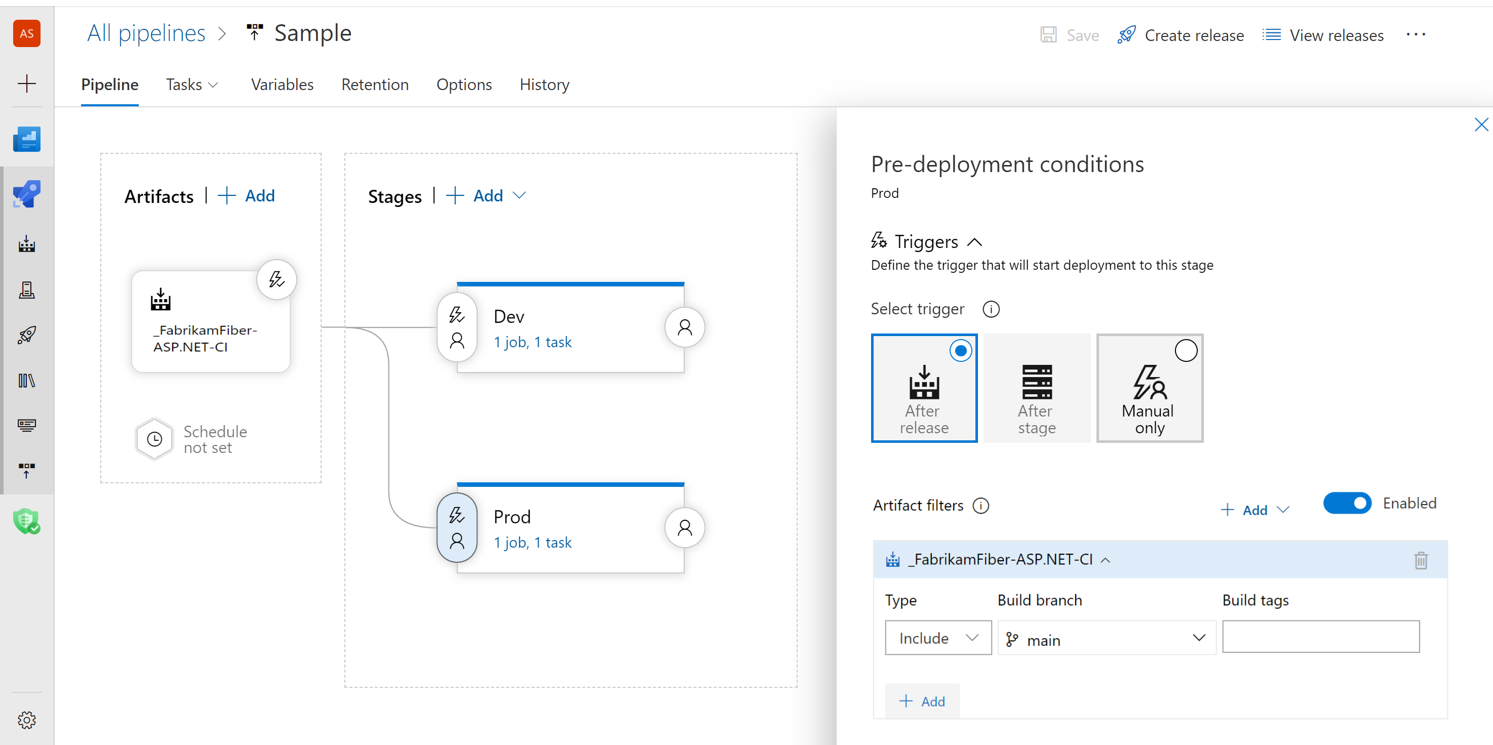 Captura de pantalla que muestra cómo configurar las condiciones previas a la implementación para la fase de Prod.