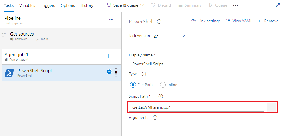 Captura de pantalla de la configuración de la ruta de acceso del script de tareas de PowerShell.