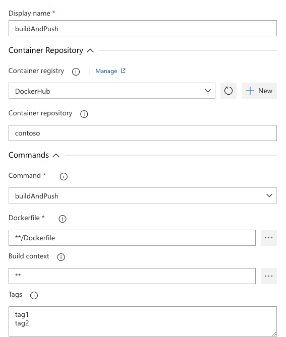 Captura de pantalla de la tarea clásica de Docker de compilación e inserción.