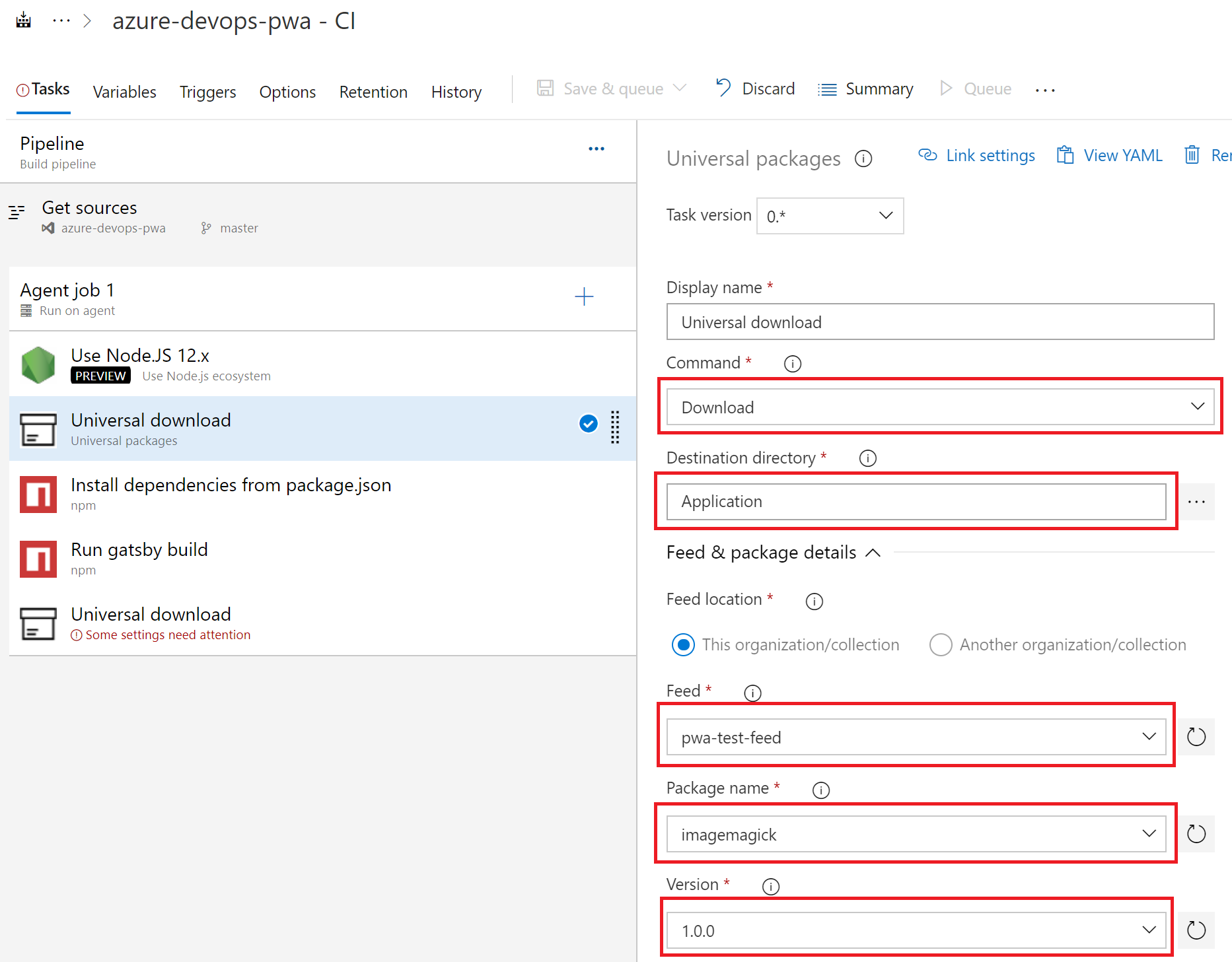 Captura de pantalla de la configuración de la tarea Paquete universal para descargar.