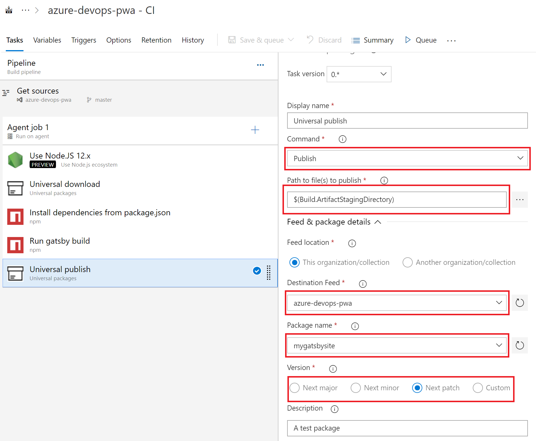 Captura de pantalla de la configuración de la tarea Paquete universal para publicar.