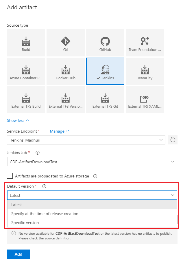 Versión predeterminada para artefactos de Jenkins