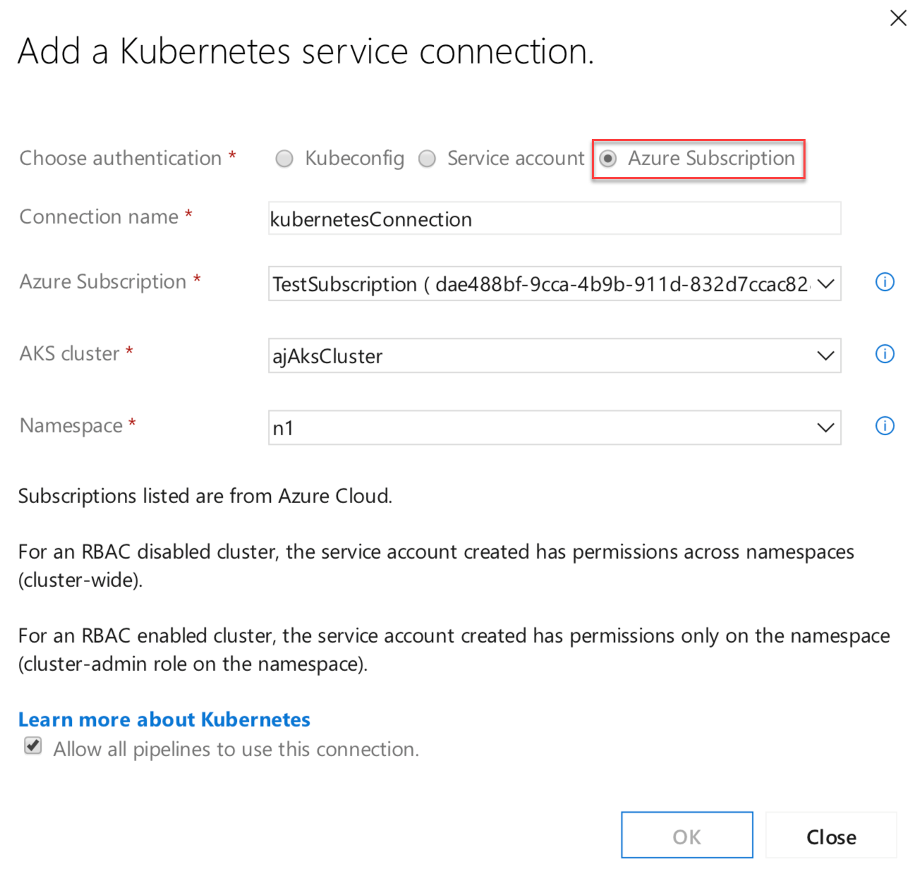 Nueva opción de suscripción de Azure en la conexión de servicio de Kubernetes.