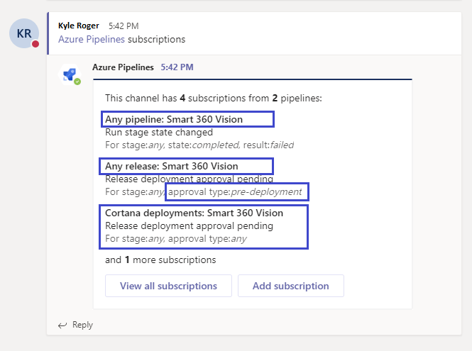 Cree suscripciones masivas en la aplicación Azure Pipelines para Microsoft Teams.