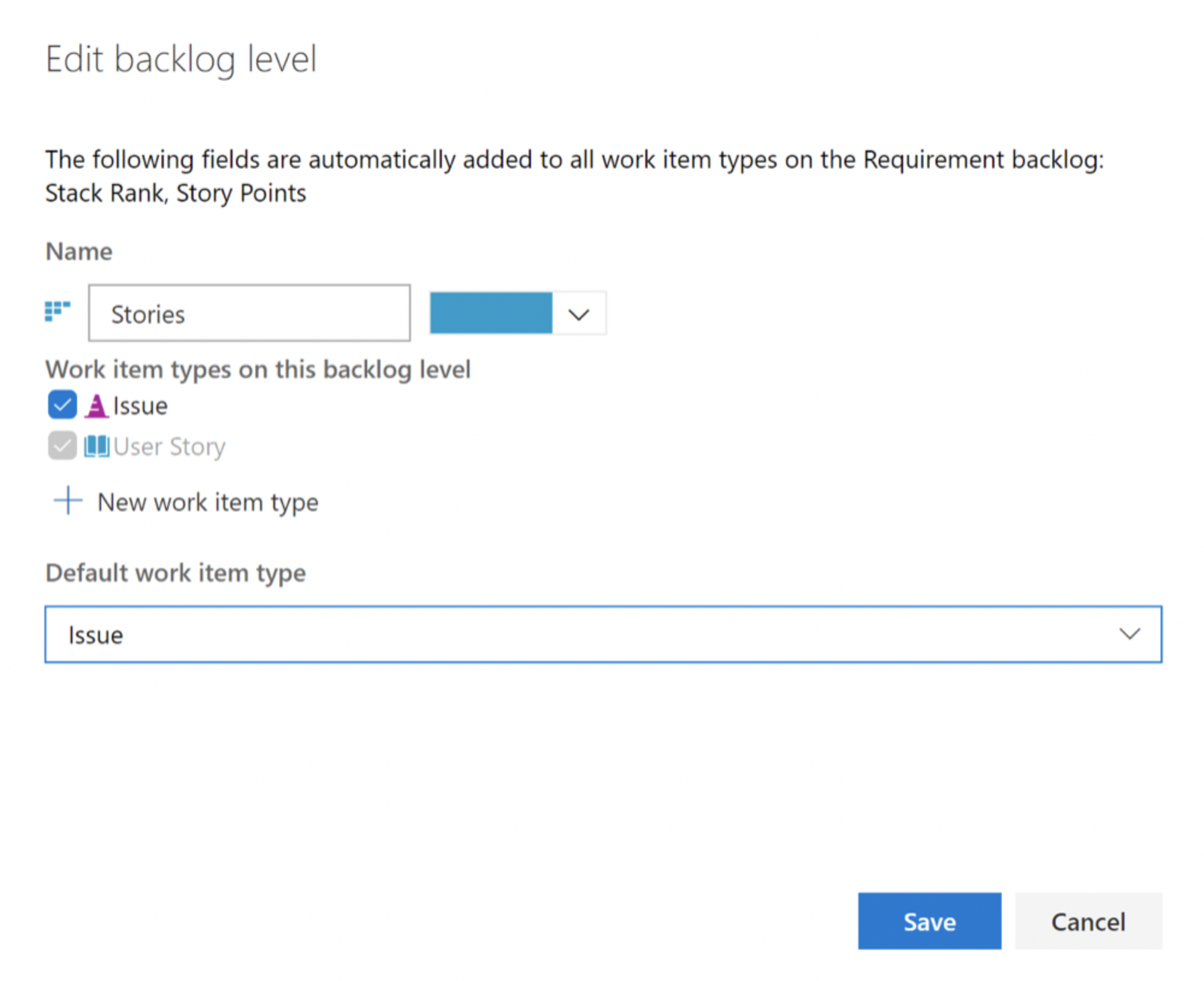 Use esta página de Azure Boards para agregar tipos de elementos de trabajo excluidos previamente a paneles y trabajos pendientes.