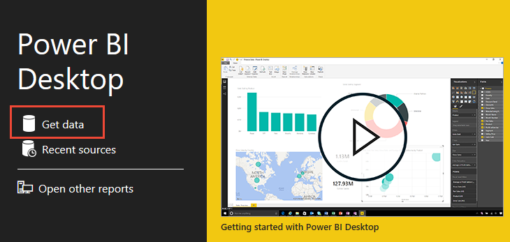 Captura de pantalla de la pantalla de presentación de Power BI Desktop, botón Obtener datos.