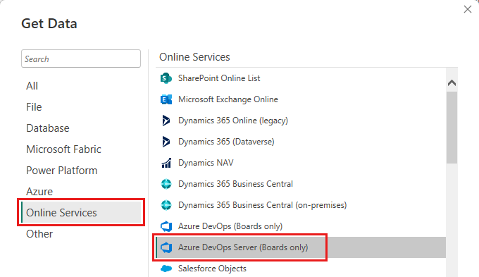 Captura de pantalla que muestra el cuadro de diálogo Obtener datos, donde puede seleccionar Azure DevOps Server.