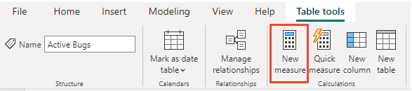 Captura de pantalla de la pestaña Herramientas de tabla de Power BI, Nueva medida.