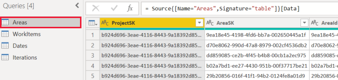 Captura de pantalla de la lista Consultas de fuentes de OData de Power BI.