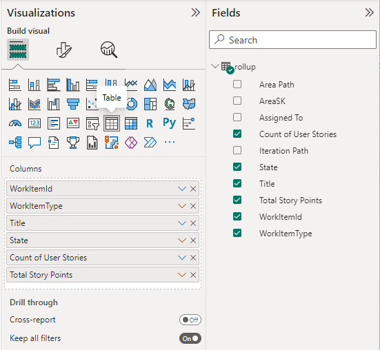 Captura de pantalla de las selecciones visualizaciones y campos de Power BI para el informe de tabla de acumulación. 