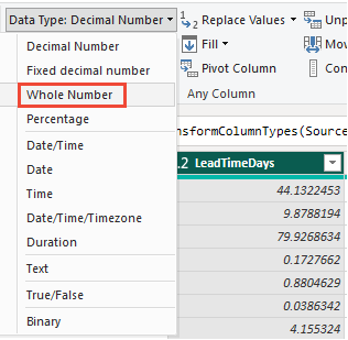 Captura de pantalla del menú Transformación de Power BI, Selección de tipo de datos.