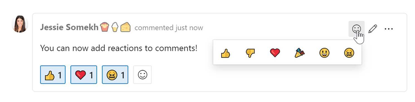 Captura de pantalla que muestra que puede agregar reacciones a los comentarios de dos maneras diferentes.