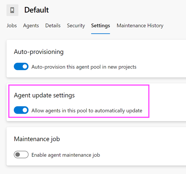 Captura de pantalla de la página Configuración predeterminada con la opción Configuración de actualización del agente activada y resaltada.