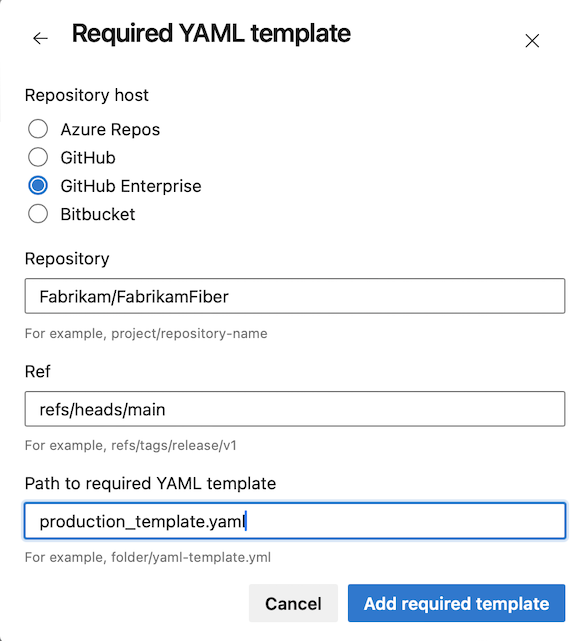 Captura de pantalla de la plantilla YAML necesaria.