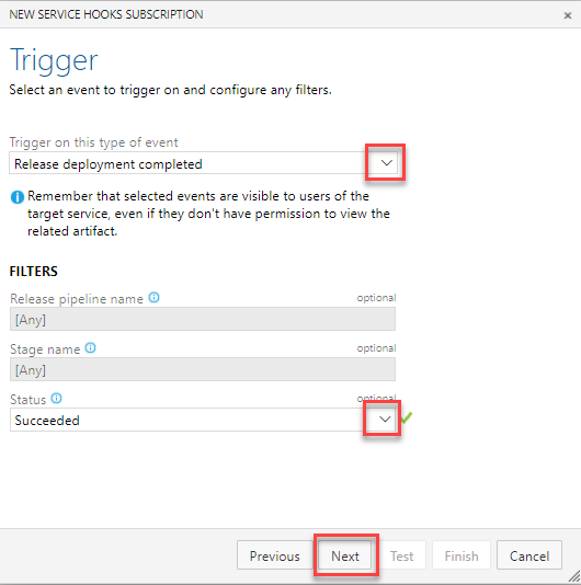 Captura de pantalla de los campos de configuración para desencadenar eventos en Azure DevOps.