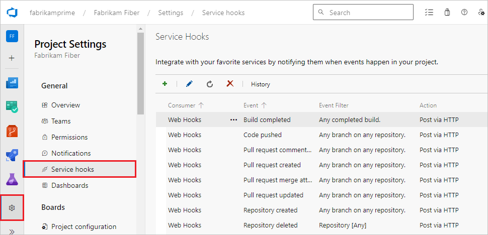 Página configuración del proyecto