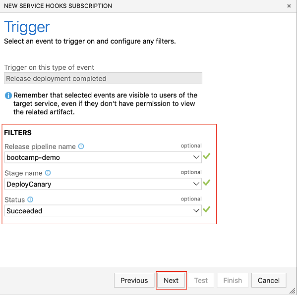 Configuración de filtros completados de implementación de versión