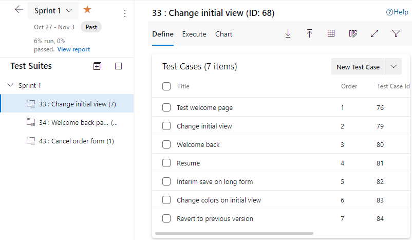 Captura de pantalla de Azure Test Plans, Planes de prueba seleccionados