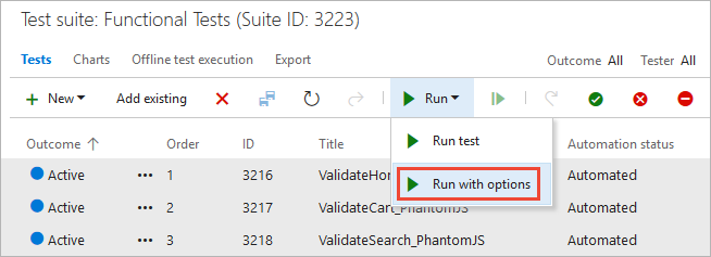 Captura de pantalla que muestra la configuración del cuadro de diálogo Ejecutar con opciones.