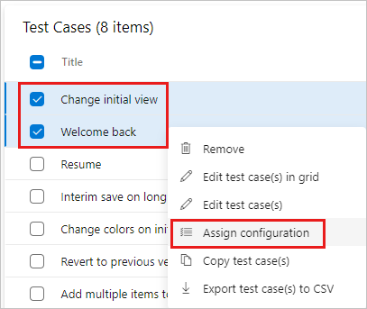 Captura de pantalla que muestra la asignación de una configuración asignada a un caso de prueba.