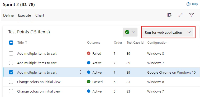 Captura de pantalla que muestra una prueba con una configuración específica y la opción Ejecutar para la aplicación web seleccionada.