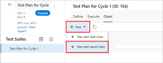 Captura de pantalla que muestra la página Gráficos con Nuevo y, a continuación, Nuevo gráfico de resultados de prueba seleccionado.