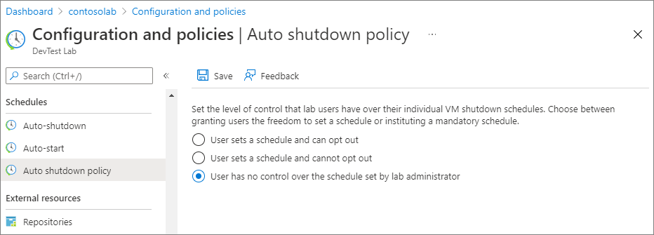 Captura de pantalla que muestra la configuración de las opciones de directiva de apagado automático.