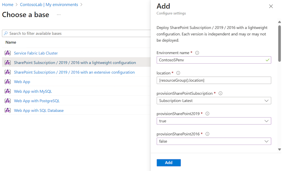 Captura de pantalla que muestra el panel Agregar con las opciones a configurar para un entorno de SharePoint.