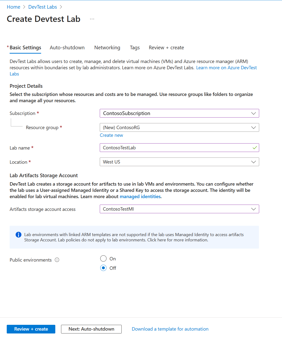 Captura de pantalla de la pestaña Configuración básica en el formulario Crear DevTest Labs.