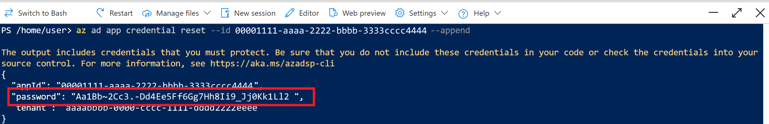 Captura de pantalla de la salida de Cloud Shell del comando de creación del registro de la aplicación. El valor de password está resaltado.