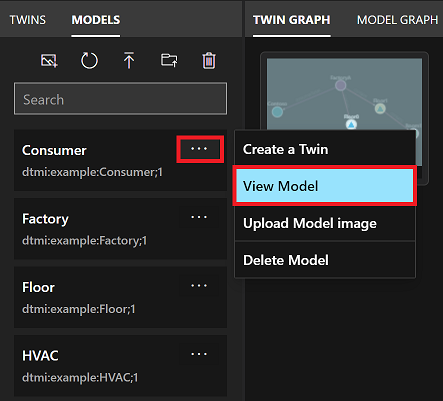 Captura de pantalla del panel Models (Modelos) de Azure Digital Twins Explorer. Los puntos del menú de un solo modelo están resaltados y la opción del menú para ver el modelo también está resaltada.