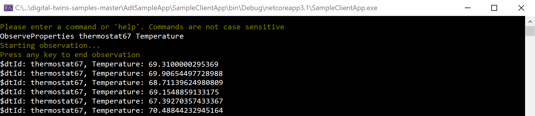 Captura de pantalla de la salida de la consola que muestra el registro de mensajes de temperatura del gemelo digital thermostat67.