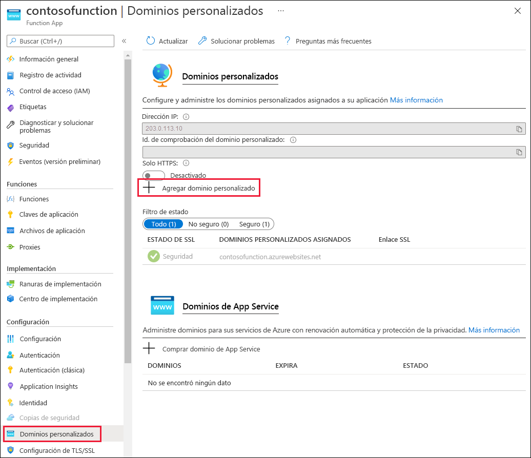 Captura de pantalla del botón Agregar dominio personalizado para la aplicación de funciones.