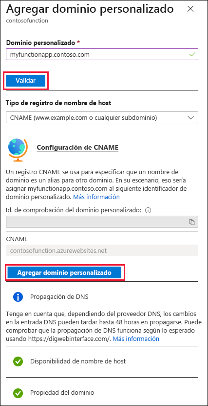 Captura de pantalla de la página Agregar dominio personalizado para la aplicación de funciones.