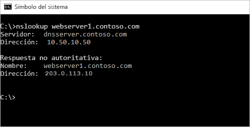 Captura de pantalla de nslookup en cmd para la dirección IP pública.