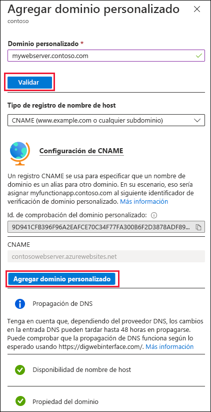 Captura de pantalla de la página Agregar dominio personalizado para la aplicación web.