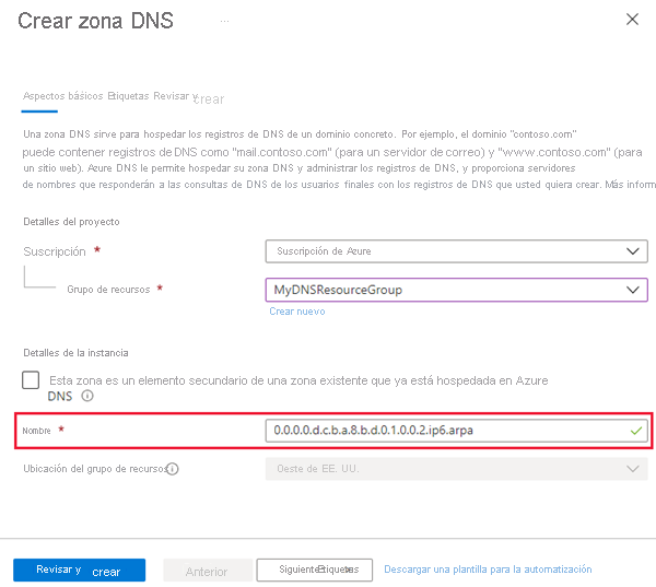 Captura de pantalla de la creación de una zona DNS arpa de IPv6.