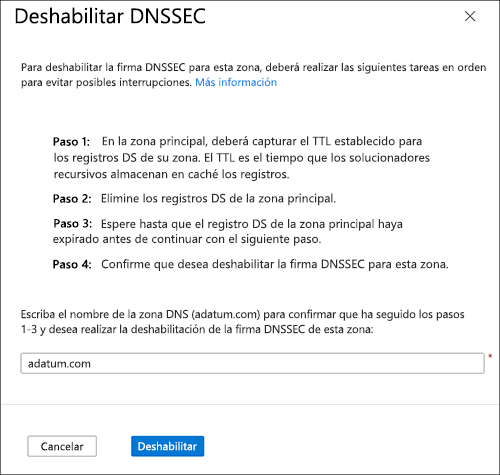 Captura de pantalla del panel deshabilitar DNSSEC.