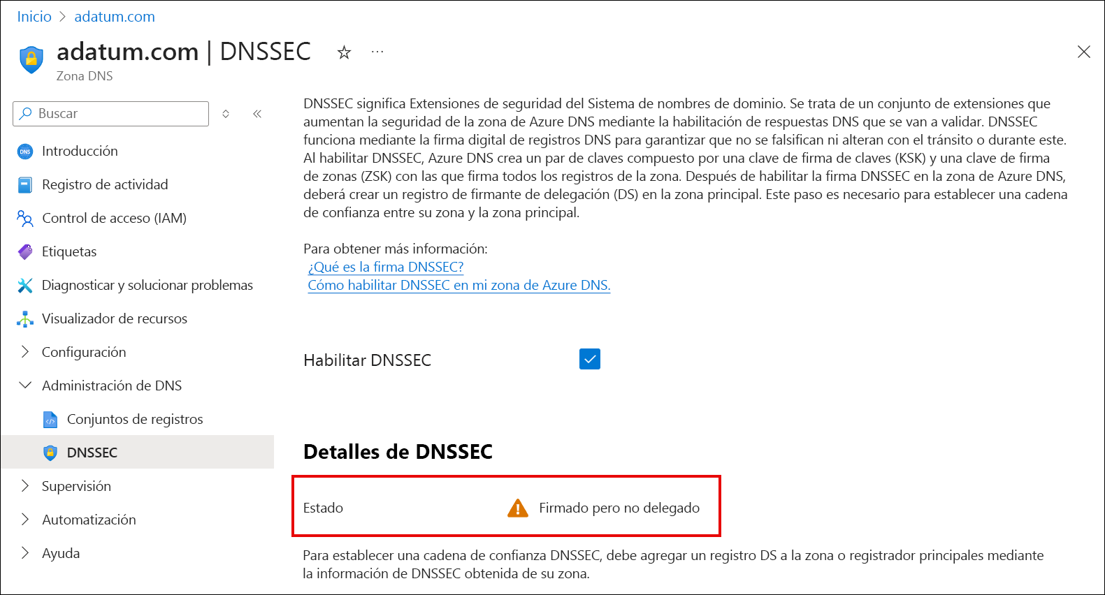 Captura de pantalla de confirmación para deshabilitar DNSSEC.