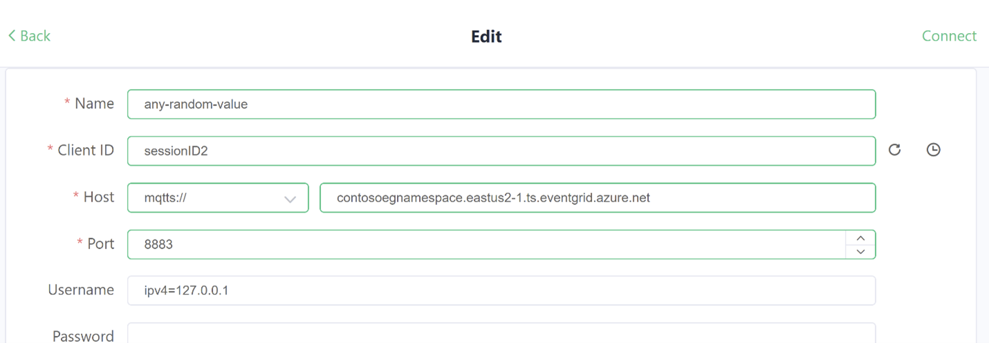 Recorte de pantalla que muestra la configuración del cliente de la aplicación MQTTX con la segunda sesión.