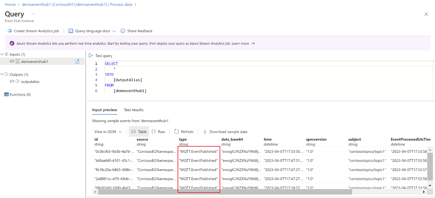 Captura de pantalla que muestra los datos de mensajes MQTT en Event Hubs mediante la herramienta de consulta de Stream Analytics.