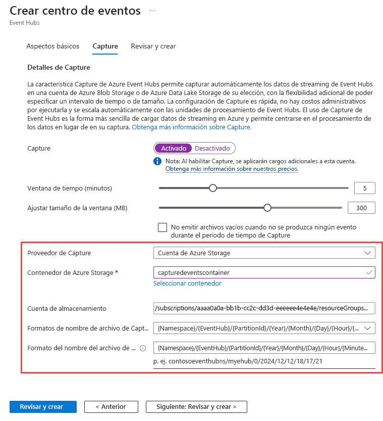 Captura de pantalla de la pestaña Capturar de la página Crear centro de eventos con la configuración de Azure Storage.